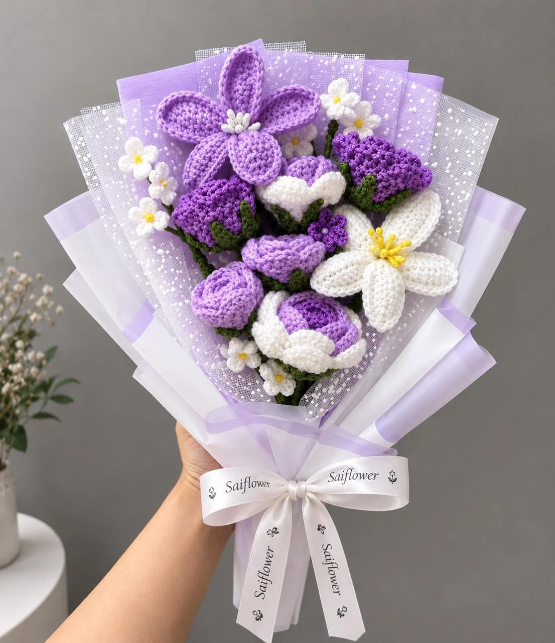 Purple & White Mixed Crochet Flower Bouquet