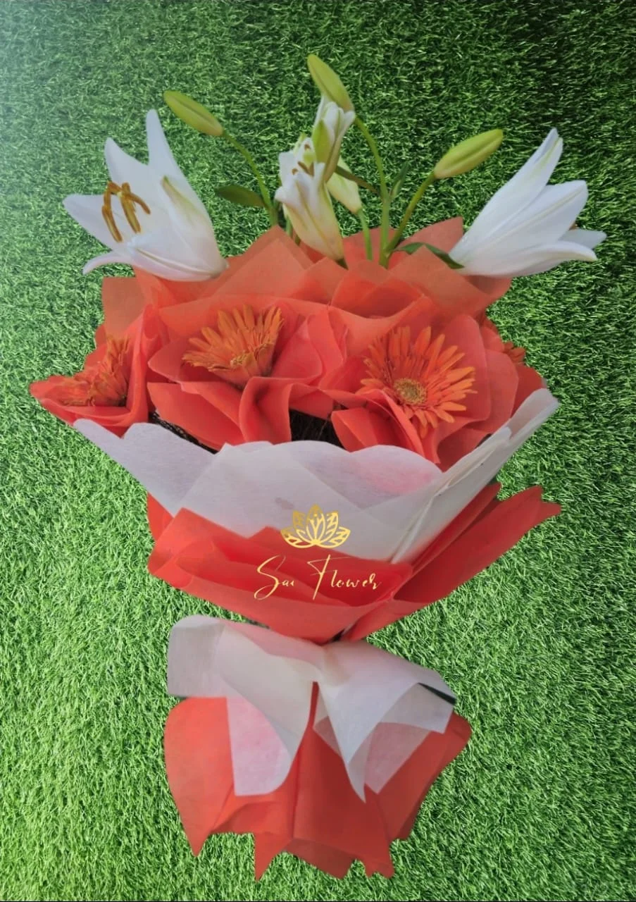 Premium Orange Gerbera & White Lily Bouquet – A Bright & Elegant Flower Gift for Every Celebration