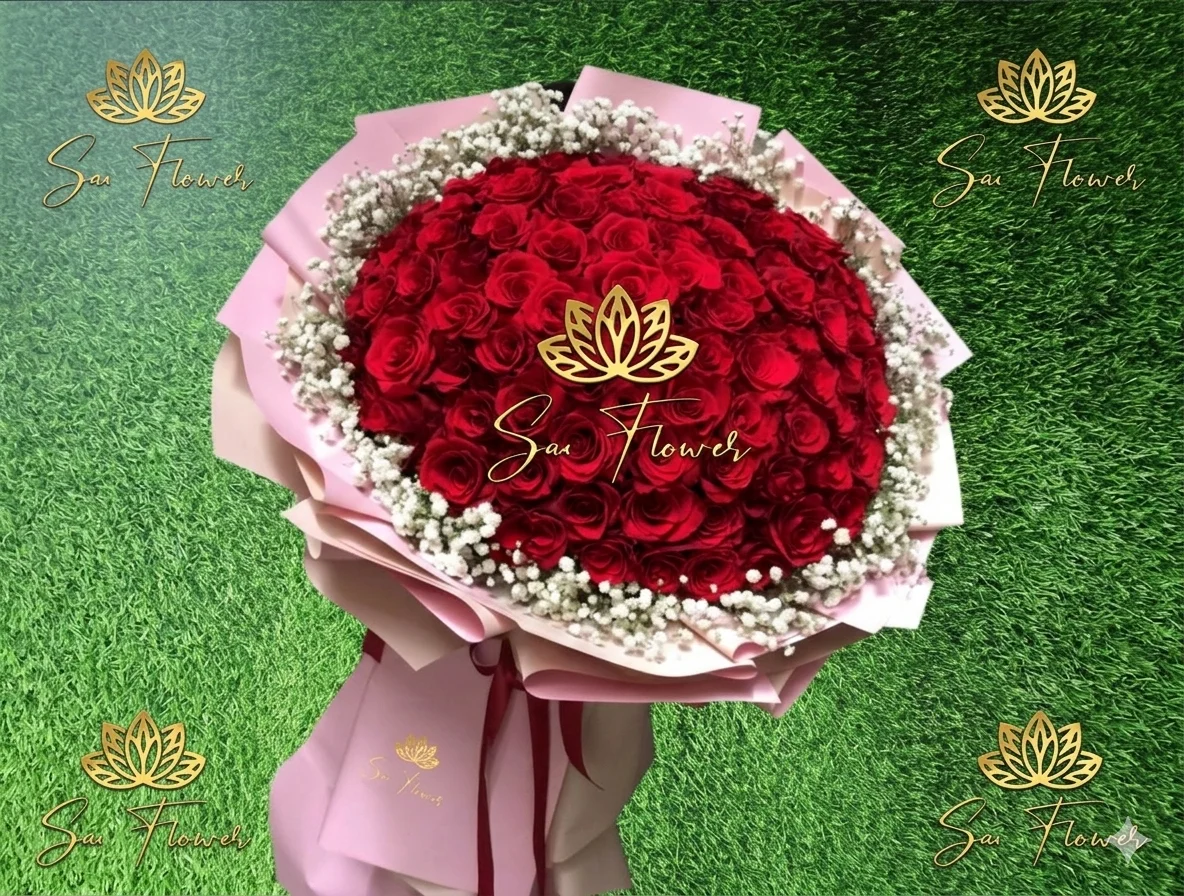 Luxury 100 Red Rose Bouquet with Gypsophila & Pink Wrap – Sai Flower
